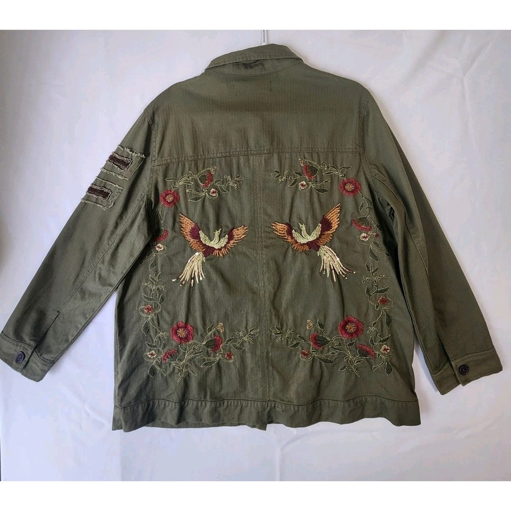 Colleen Lopez XL Embroidered Phoenix Bird Military Jacket Olive Green Beaded